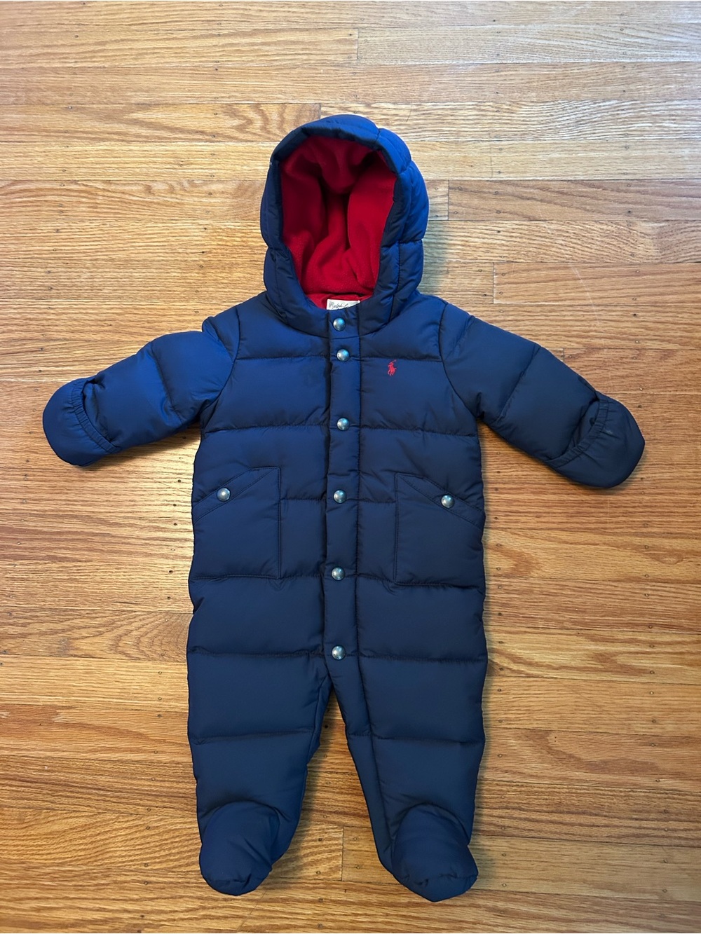 Ralph Lauren Navy Puffer One-Piece with Red Hood Lining
